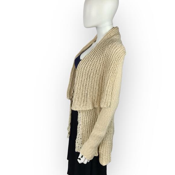 Anthro Knitted & Knotted Cozy Cardigan Beige Lace Detail Open Front - Picture 5 of 9